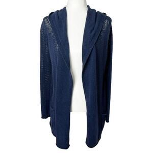 Eddie Bauer Women's Cardigan Sweater M Blue Open Knit Hooded Duster Long Sleeve